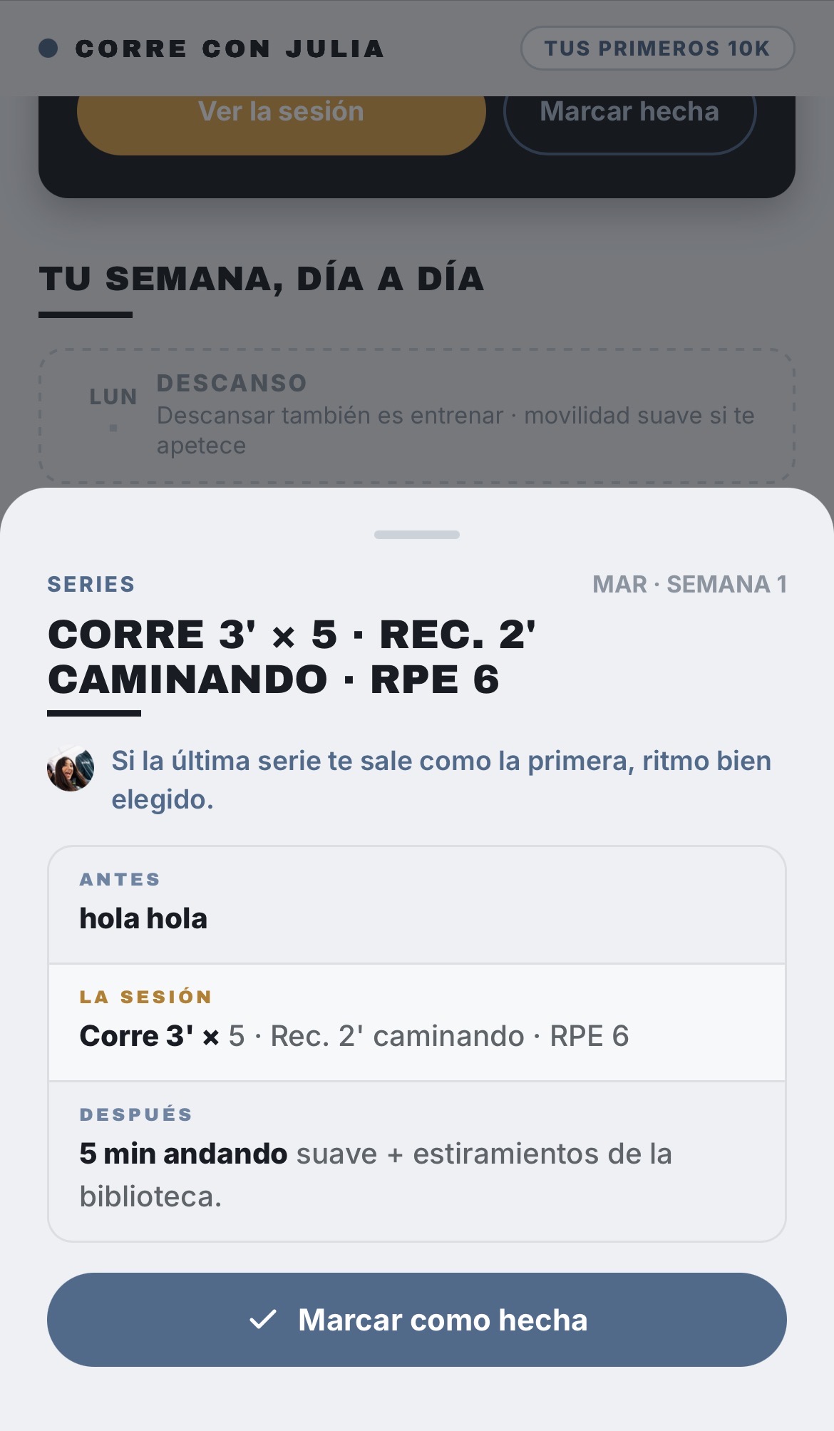 La app: detalle de la sesión